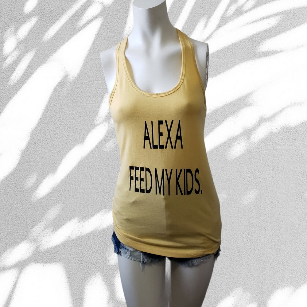 yellow medium Alexa feed my kids cotton blend racerback tank